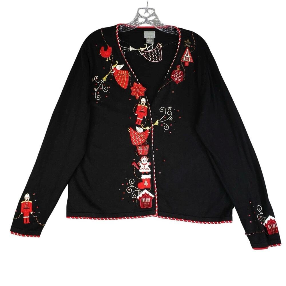 Vtg Berek Christmas Holiday Sweater Cardigan Women's Size XL Button Up Black Red - Picture 2 of 10